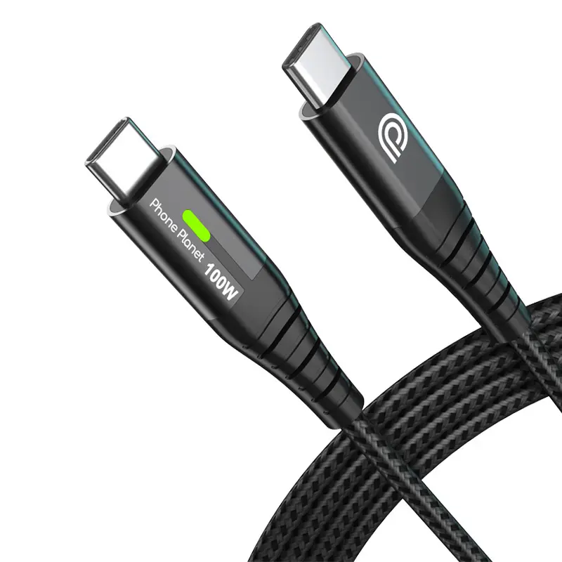 Phone Planet LED 100W Type C Fast Charging Mobile Phone Charger Cable Android USB C to USB C Data Cable 2M Black Nylon Braided