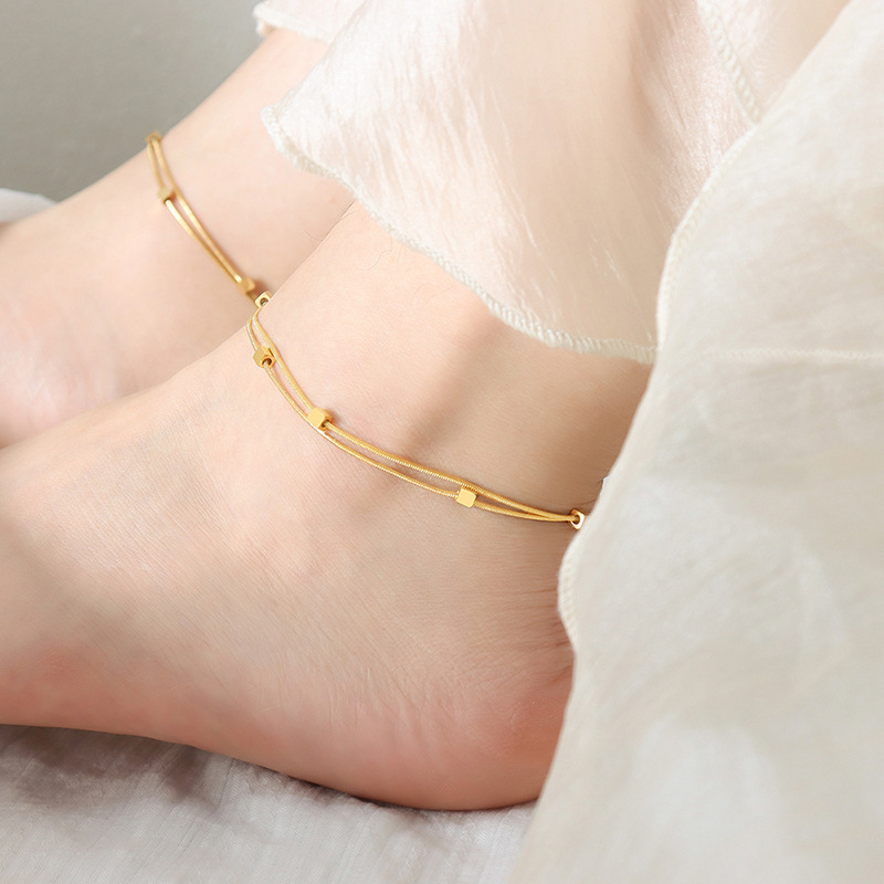 2023 Fashion Summer New Stainless Steel 18k Gold Original Design Sense Light Luxury Square Double Hip Hop Anklet