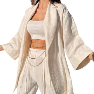 Vêtements personnalisés, chemisier pour femmes, crêpe de coton ivoire, manches longues, chemises et pantalons oversize, vêtements de mode pour ensembles de pyjamas - Product Image 1
