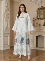 Robe longue musulmane de luxe multicolore brodée de fleurs, col en V, manches longues avec fermoir décoratif, tenue modeste, Dubaï 2026