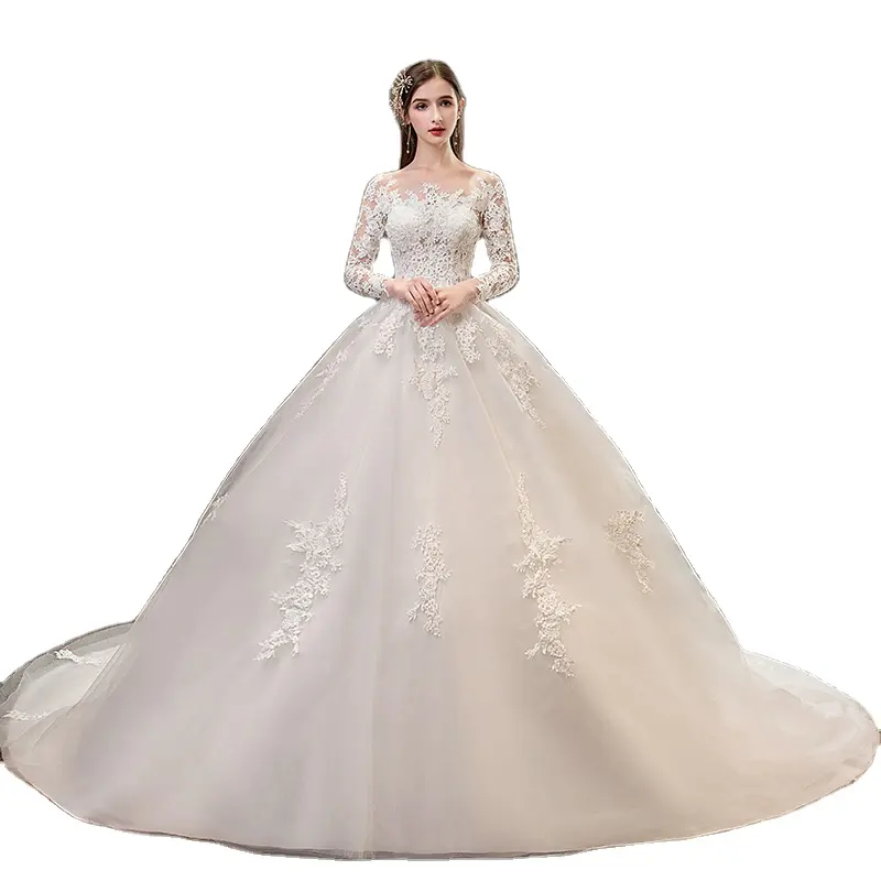Embroidery Transparent Lace Floral Long Sleeve Wedding Dresses High Collar Princess Vintage Floor Length Bridal Ball Gown Dress