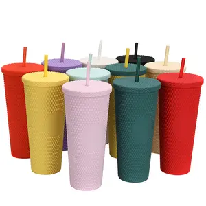 Hot Sale Double Wall Plastic Iridescent 24oz Cold Coffee Mug Matte Studded Cups Tumbler with Straw Lid