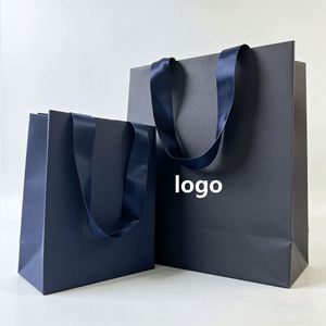 Customized Promotional Navy Blue <b>Paper</b> Gift Bag With Satin Handle Ideal for Fashion, Clothing & Jewelry Packaging - Product Image 2