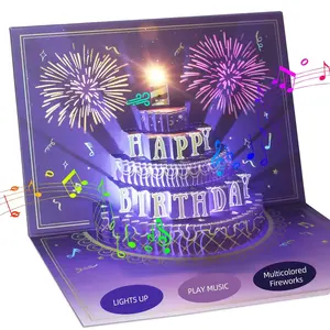 Cartão de feliz aniversário, bolo de fogos de artifício 3D pop-up cartão de presente de aniversário com envelope cartões 3D para mulheres, homens e crianças