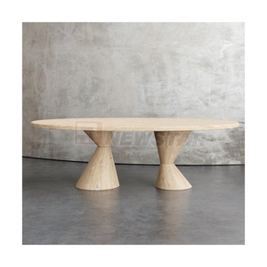 Newstar бежевый травертин и белый мрамор элегантный домашний декор Овальный каменный обеденный стол с двухконической основой для пьедестала - Product Image 3