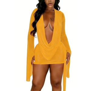 Robe mini moulante pour femme à col <span class=keywords><strong>plongeant</strong></span> drapé sur le devant, manches cloche et empiècements en maille transparente Sehe Fashion - Product Image 1