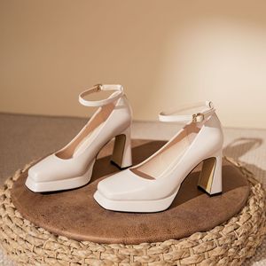 Y9679 Mary Jane Pumps Square Toe Block Heel Ankle Strap Pu Lining High Heel <b>Height</b> <b>Increasing</b> Office Wear Women's <b>Shoes</b> - Product Image 1