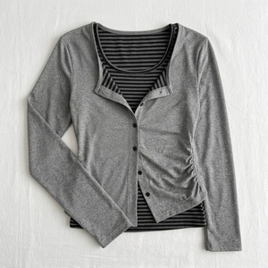 Autumn Long Sleeve Layered Look Top Women Striped Patchwork Button Front Ruched Casual T-<b>Shirt</b> Custom Logo TKAN8116 - Product Image 3