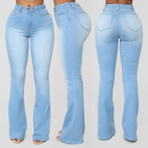 Prix d'usine – Jean évasé sexy taille haute bleu délavé très élastique pour femme - Product Image 1