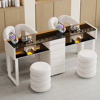 Ensemble table et chaise de manucure professionnelle deux places en verre noir avec chaise à tiroir pour salon de coiffure ou bar à ongles