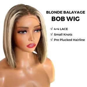 Pre desplumado Rubio <span class=keywords><strong>Balayage</strong></span> <span class=keywords><strong>en</strong></span> marrón <span class=keywords><strong>Bob</strong></span> <span class=keywords><strong>corto</strong></span> Peluca 4x4 13x4 Peluca con malla frontal Peluca de cabello humano sin pegamento - Product Image 4