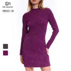 Abito da donna sexy personalizzato stile invernale in maglieria di un pezzo abito viola per ragazze maglioncino a maniche lunghe abito midi lavorato a maglia