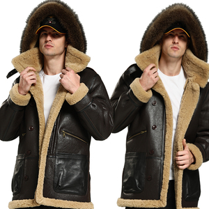 Giacca da <span class=keywords><strong>uomo</strong></span> calda in pelle di pecora con pelliccia, giacca bomber B-3 in vera pelle con cappuccio - Product Image 4