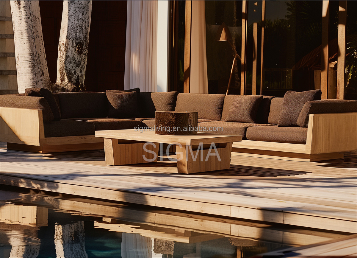 Modern Design Outdoor Furniture Teak Wood Frame Comfortable U-shape Garden Sofa Set with Ottoman