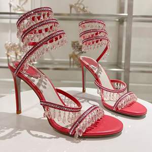 New sexy crystal pendant women's high-<b>heeled</b> satin sandals with snake-shaped intertwined diamond fringes decoration - Product Image 3