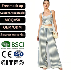 Ensemble deux pièces rayé gris et <span class=keywords><strong>blanc</strong></span> pour <span class=keywords><strong>femme</strong></span>, haut court à col carré et <span class=keywords><strong>pantalon</strong></span> large, tenue d'été style Y2K, ensemble coordonné - Product Image 1