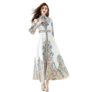 C VÊTEMENTS Robe Maxi Florale Élégante Femmes Robes Ethniques Simple Boutonnage Fleur Noble Robe Longue À Manches Longues