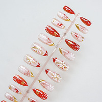 24 faux ongles à presser, forme amande, motif Noël (rennes, flocons de neige), pointe française dorée, ornements cœurs et étoiles, vente en gros