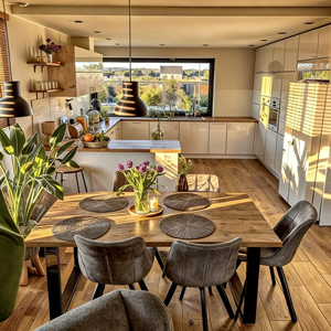 Gabinetes de Cocina Modernos Estilo Mediados de Siglo en Color Crema, Personalizados por BALOM, Ecológicos y Duraderos para Apartamentos - Product Image 1