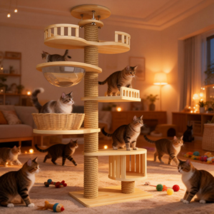 Grande tour à chat moderne de luxe, réglable en hauteur du sol au plafond, griffoir en sisal en bois, écologique, durable, meubles pour chat - Product Image 6