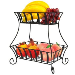 Two Tiered Fruit Basket Black Wrought Iron Rectangle <b>Standing</b> Type Durable Food Container For Living Room Modern Minimalist - Product Image 5