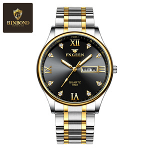 FNGEEN Men's Quartz Watch Two-Tone Stainless Steel Bracelet Analog Day Date Display 10mm Case 50m Waterproof Deployment Clasp - Product Image 5