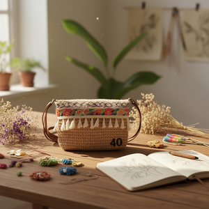 Bolso Bandolera de Papel Tejido con Flecos Bordados 25x17cm, Accesorio Artesanal - Product Image 2