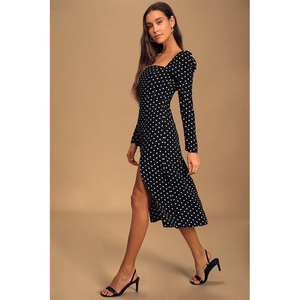 Abito <span class=keywords><strong>Midi</strong></span> <span class=keywords><strong>Nero</strong></span> a Pois con <span class=keywords><strong>Maniche</strong></span> <span class=keywords><strong>Lunghe</strong></span>, Elegante e Raffinato per Signore - Product Image 3