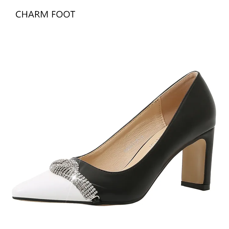 Amazon French gentle and versatile medium heel pointed Rhinestone large high heel color matching thick heel women's single shoe