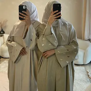 Vải Lanh Thêu Abaya Phù Hợp Cao Cấp Hijab Hồi Giáo Quần Áo Eid Ramadan Kimono Tự Nhiên Thoáng Khí Cardigan Trăng Abaya