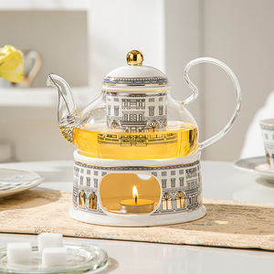 Juego de tetera de cerámica con diseño floral, candelabro, tetera de vidrio con calentador, frutero, juegos de té de lujo nórdicos para la tarde. - Product Image 4
