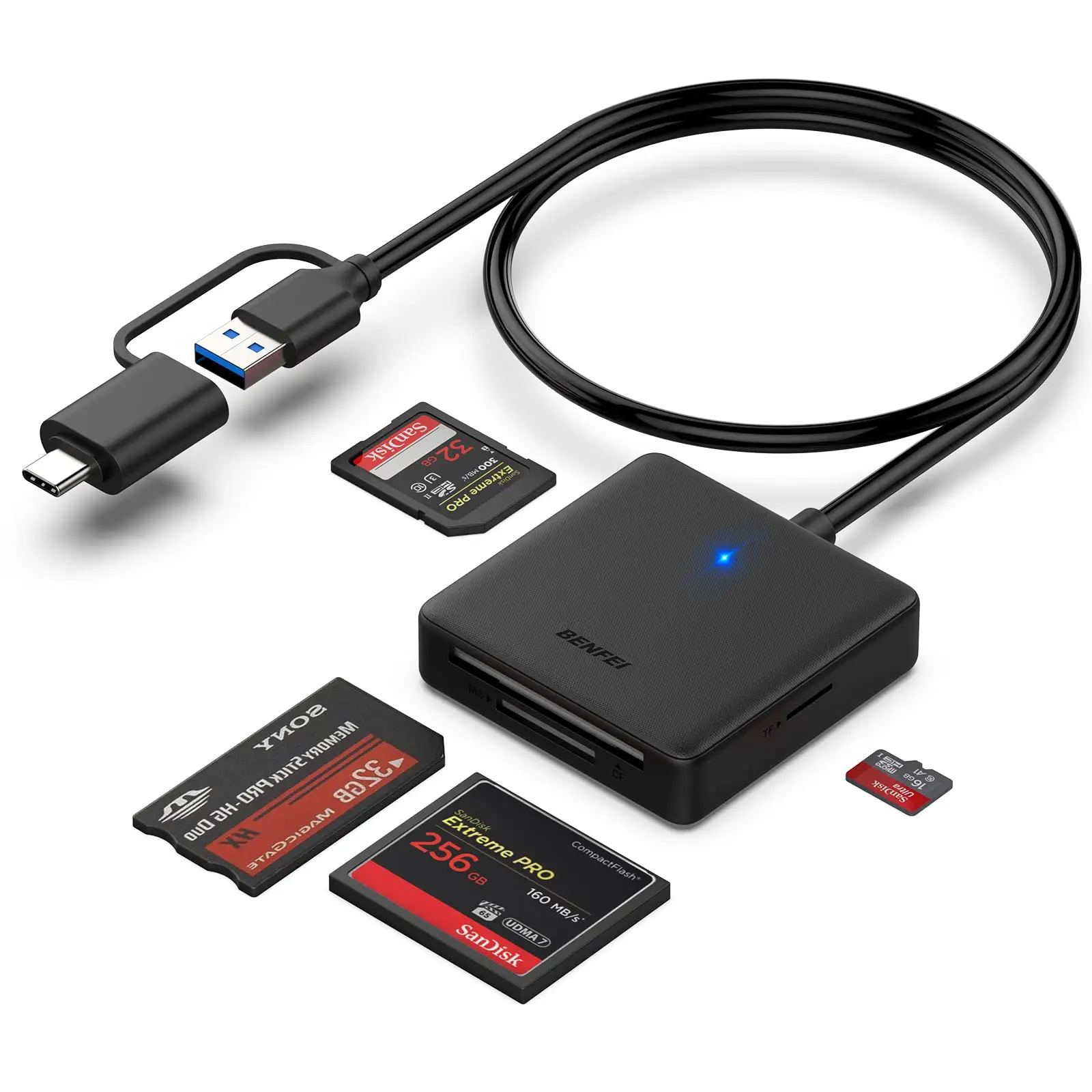 メモリカードリーダー、BENFEI 4 in1 USB USB-C to SD MSCFカードリーダーアダプターiPhone15Proと互換性があります