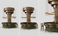 Comptoir de bar incurvé de luxe en velours vert avec anneau en bronze et lustre en cristal, éclairage LED, design écologique pour hôtel, salon, café