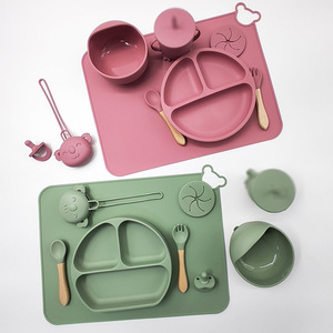 Silicone Toddler Feeding Set 9 Pieces BPA Free Unbreakable Suction Plates Bowls Fork Spoon Cartoon Design Safe Kitchen <b>Utensils</b> - Product Image 1