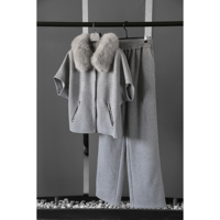 Ensemble de survêtement en tricot de luxe à deux pièces, pantalon long et doux, col en vraie fourrure de renard, pull et pantalon en laine mélangée pour femmes, sur mesure