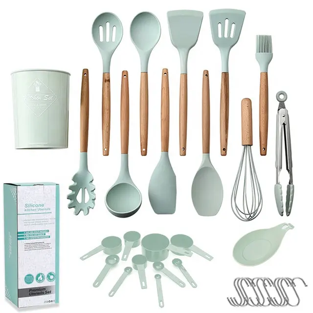 Juego de utensilios de cocina de silicona, accesorios de cocina, utensilios de cocina con asas de madera