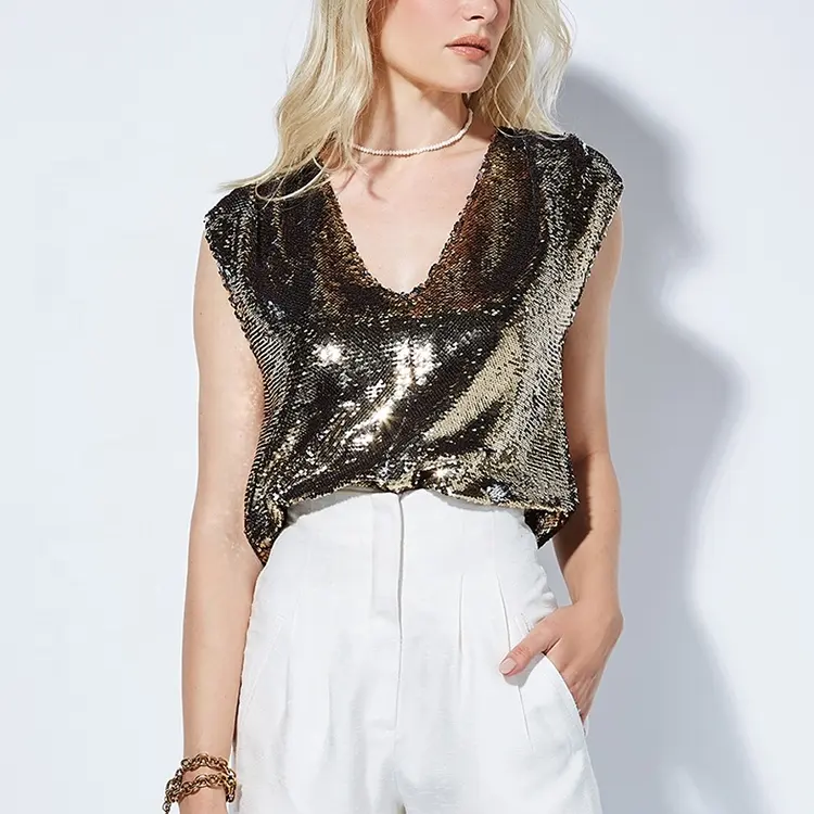 Woman Blouses and Tops 2022 Sequined Shiny Women sleeveless Blouse V-neck Womens Blouses Tops Shirt