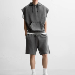 <span class=keywords><strong>Felpe</strong></span> <span class=keywords><strong>Senza</strong></span> Maniche da Uomo con Logo Personalizzato, Stile Vintage Lavaggio Acido Nero con Bordi Tagliati, Streetwear Effetto Vissuto - Product Image 5