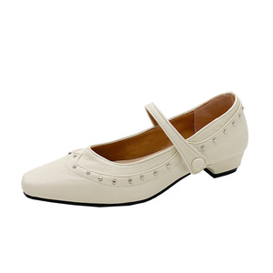 รองเท้าส้นเตี้ยสไตล์อังกฤษสำหรับผู้หญิง รุ่นเรโทร ประดับหมุด ส้นหนา หัวเหลี่ยม ไซส์ใหญ่พิเศษ หนังแท้ - Product Image 6