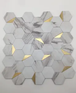 Self Stick Adhesive hexagon white carrara mix brass wall sticker mosaic Tile