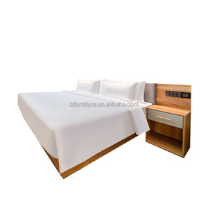 3 Star Budget Hotel Bedroom Furniture Set Custom MDF Wooden Bed Frame & Bedding Sheet Sets With Integrated <b>Headboard</b> &Nightstand - Product Image 1