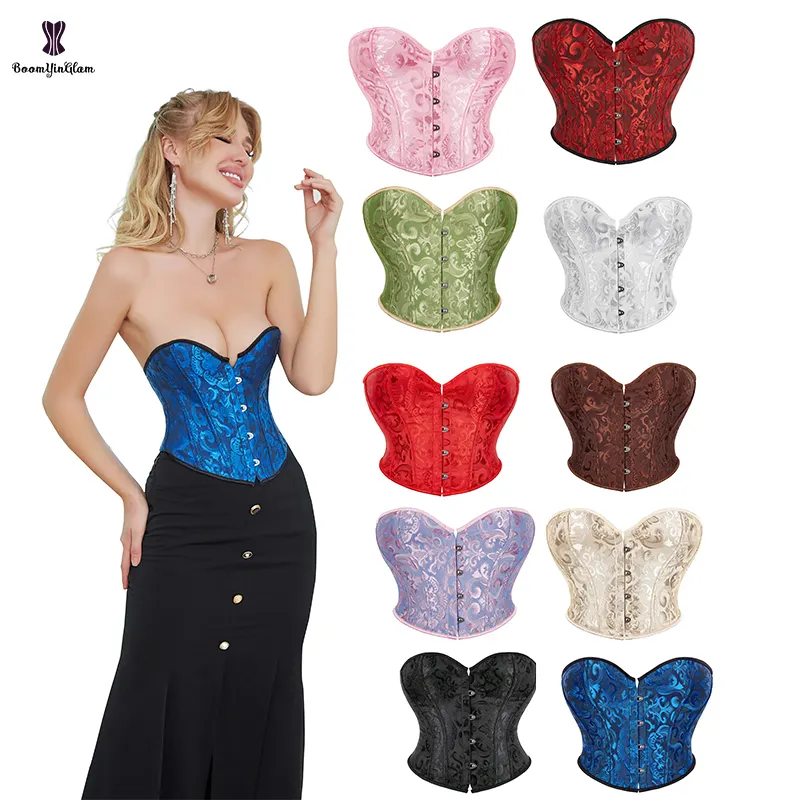 10 Colors Available 9 Inches Bodices Jacquard Busty Bustier Crop Top Lace Up Boned Sexy Corset Women With 4 Brooches