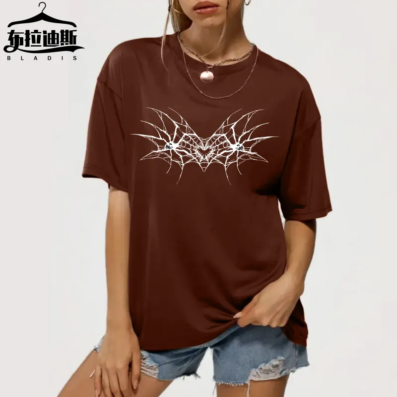Pemasok Amazon Street Fashion keren kaus premium ukuran besar desain baru kepribadian spider heart cetak O neck longgar kaus Wanita