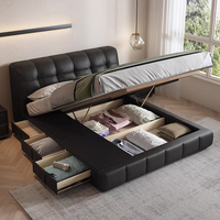 Luxus Schwarz Echt leder King Size Doppel Queen Bett rahmen Gaslift Gepolsterte Lagerung Hoch gepolsterte Betten Liege schubladen