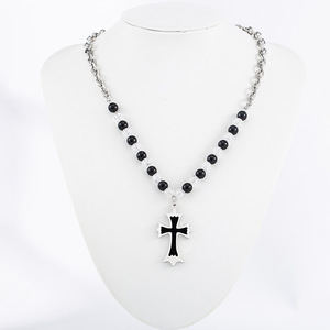 yunnique <b>Cross</b> Beaded <b>Chain</b> Necklace Stainless Steel Resin Pendant Unisex Fashion Jewelry - Product Image 4