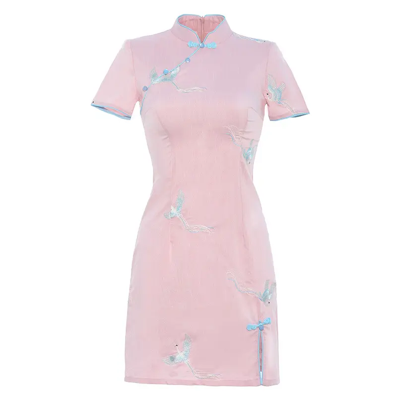 Elastic cotton short embroidered daily cheongsam, young Chinese style short party dress for cute girls dress
