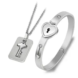 2020 Christmas fashion Romantic couple love locks key pendant titanium steel necklace bracelet jewelry set