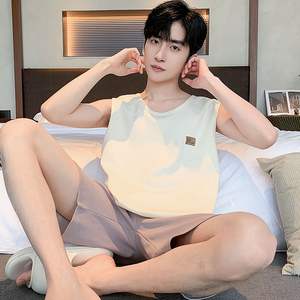 Verano nuevo algodón hombres <span class=keywords><strong>pijamas</strong></span> cuello redondo albaricoque chaleco gris pantalones cortos conjunto moda Casual guapo cómodo <span class=keywords><strong>pijamas</strong></span> de alta calidad - Product Image 3