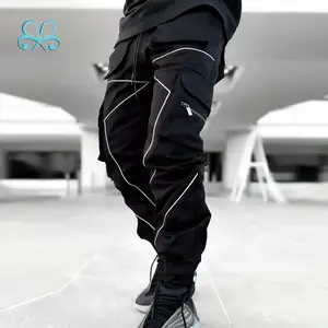 Pantalon cargo élastique réfléchissant pour homme, noir, 100 coton, poches 3D, ceinture élastique