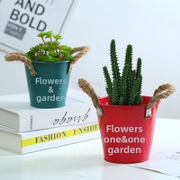 Pot Bunga Retro Warna-warni dari Logam, Tempat Tanaman Sukulen dengan Pegangan Tali Jute, Tempat Pensil, Ember Besi Kecil, Penyimpanan Meja Rumah